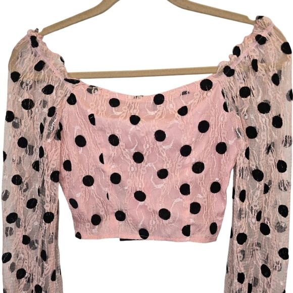 NWT PrettyLittleThing Women's Size 0 Pink Lace Polka Dot Cropped Blouse - Picture 9 of 16